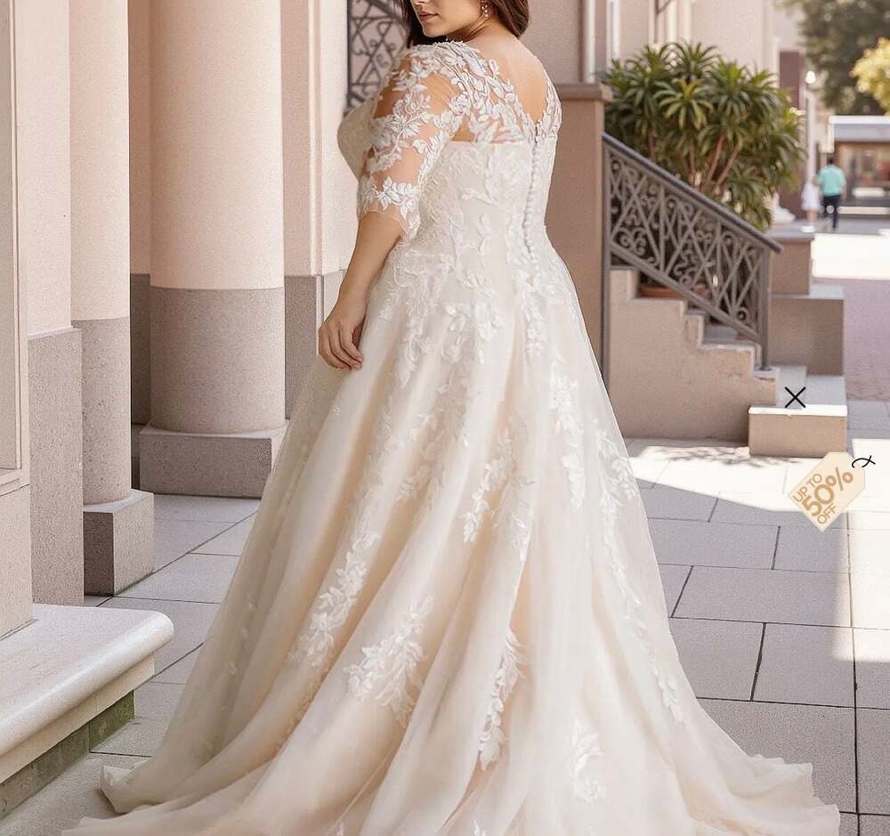 V-Neck Long Sleeve Tulle and Lace Wedding Dress - Picture 8 of 9